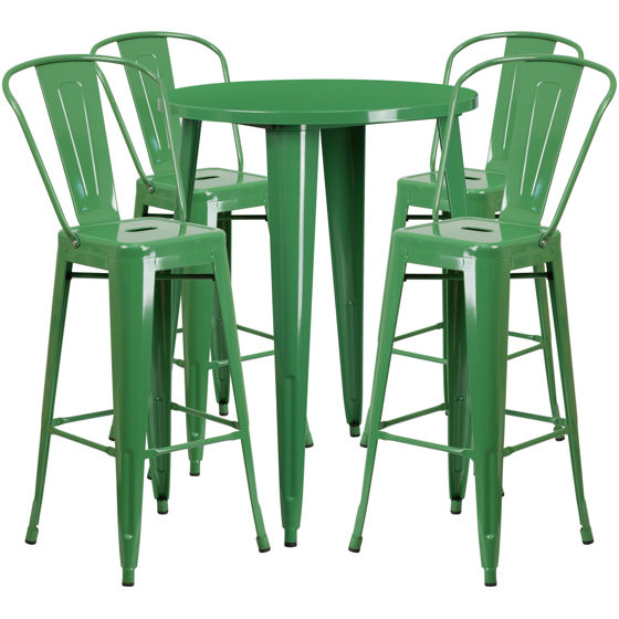 Commercial Grade 30" Round Green Metal Indoor-Outdoor Bar Table Set with 4 Cafe Stools CH-51090BH-4-30CAFE-GN-GG