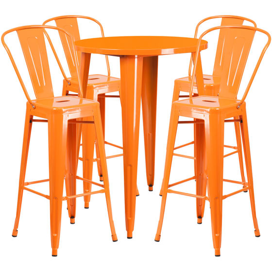 Commercial Grade 30" Round Orange Metal Indoor-Outdoor Bar Table Set with 4 Cafe Stools CH-51090BH-4-30CAFE-OR-GG