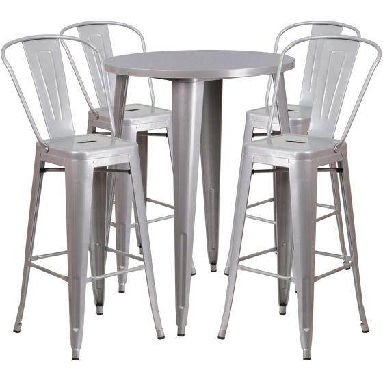 Commercial Grade 30" Round Silver Metal Indoor-Outdoor Bar Table Set with 4 Cafe Stools CH-51090BH-4-30CAFE-SIL-GG