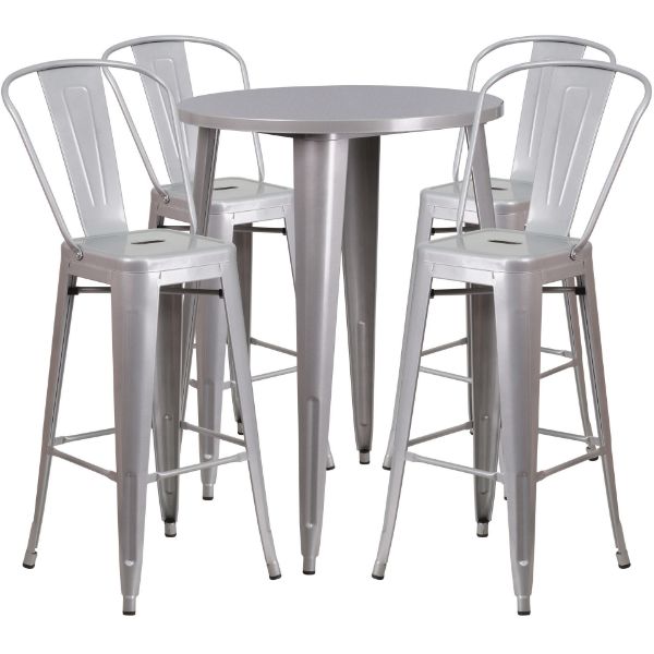 Commercial Grade 30" Round Silver Metal Indoor-Outdoor Bar Table Set with 4 Cafe Stools CH-51090BH-4-30CAFE-SIL-GG