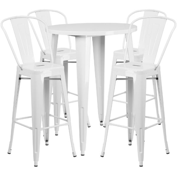 Commercial Grade 30" Round White Metal Indoor-Outdoor Bar Table Set with 4 Cafe Stools CH-51090BH-4-30CAFE-WH-GG