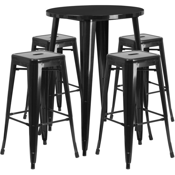 Commercial Grade 30" Round Black Metal Indoor-Outdoor Bar Table Set with 4 Square Seat Backless Stools CH-51090BH-4-30SQST-BK-GG