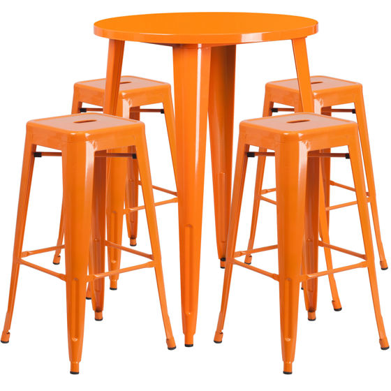 Commercial Grade 30" Round Orange Metal Indoor-Outdoor Bar Table Set with 4 Square Seat Backless Stools CH-51090BH-4-30SQST-OR-GG