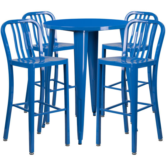 Commercial Grade 30" Round Blue Metal Indoor-Outdoor Bar Table Set with 4 Vertical Slat Back Stools CH-51090BH-4-30VRT-BL-GG