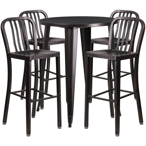 Commercial Grade 30" Round Black-Antique Gold Metal Indoor-Outdoor Bar Table Set with 4 Vertical Slat Back Stools CH-51090BH-4-30VRT-BQ-GG