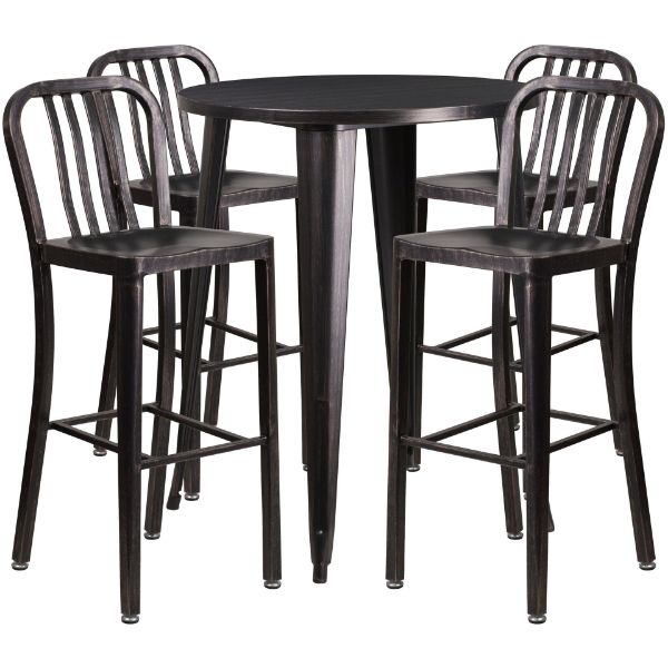 Commercial Grade 30" Round Black-Antique Gold Metal Indoor-Outdoor Bar Table Set with 4 Vertical Slat Back Stools CH-51090BH-4-30VRT-BQ-GG