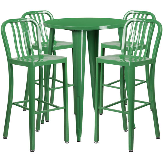Commercial Grade 30" Round Green Metal Indoor-Outdoor Bar Table Set with 4 Vertical Slat Back Stools CH-51090BH-4-30VRT-GN-GG
