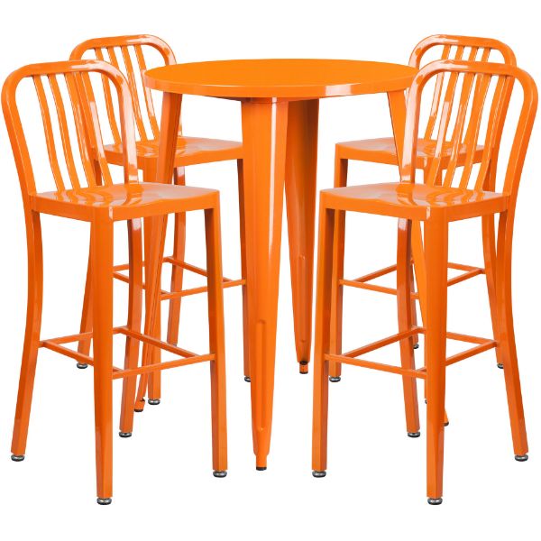 Commercial Grade 30" Round Orange Metal Indoor-Outdoor Bar Table Set with 4 Vertical Slat Back Stools CH-51090BH-4-30VRT-OR-GG