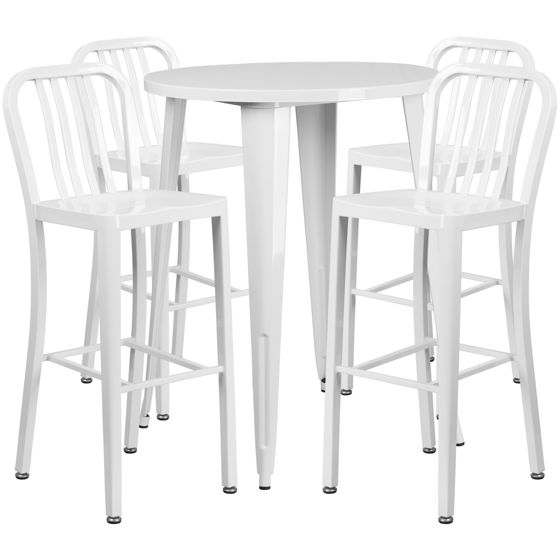 Commercial Grade 30" Round White Metal Indoor-Outdoor Bar Table Set with 4 Vertical Slat Back Stools CH-51090BH-4-30VRT-WH-GG