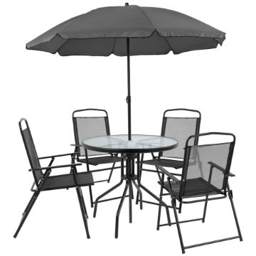 Nantucket 6 Piece Black Patio Garden Set with Umbrella Table and Set of 4 Folding Chairs GM-202012-BK-GG Nantucket 6 Piece Black Patio Garden Set with Umbrella Table and Set of 4 Folding Chairs GM-202012-BK-GG