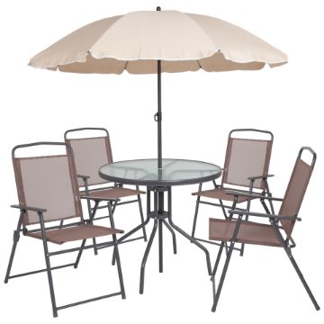 Nantucket 6 Piece Brown Patio Garden Set with Umbrella Table and Set of 4 Folding Chairs GM-202012-BRN-GG Nantucket 6 Piece Brown Patio Garden Set with Umbrella Table and Set of 4 Folding Chairs GM-202012-BRN-GG