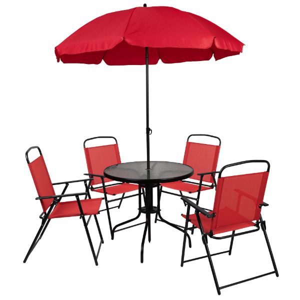 Nantucket 6 Piece Navy Patio Garden Set with Umbrella Table and Set of 4 Folding Chairs GM-202012-NV-GG