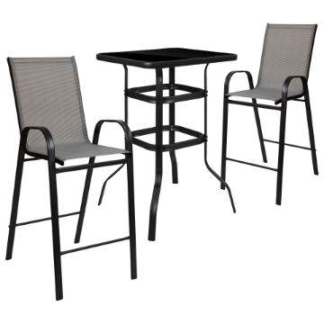 Brazos Outdoor Dining Set - 2-Person Bistro Set - Brazos Outdoor Glass Bar Table with Gray All-Weather Patio Stools TLH-073H092H-GR-GG Brazos Outdoor Dining Set - 2-Person Bistro Set - Brazos Outdoor Glass Bar Table with Gray All-Weather Patio Stools TLH-073H092H-GR-GG