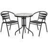 Lila 23.75'' Round Glass Metal Table with 2 Black Metal Aluminum Slat Stack Chairs TLH-071RD-017CBK2-GG