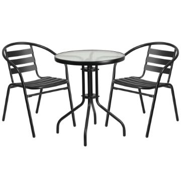 Lila 23.75'' Round Glass Metal Table with 2 Black Metal Aluminum Slat Stack Chairs TLH-071RD-017CBK2-GG Lila 23.75'' Round Glass Metal Table with 2 Black Metal Aluminum Slat Stack Chairs TLH-071RD-017CBK2-GG