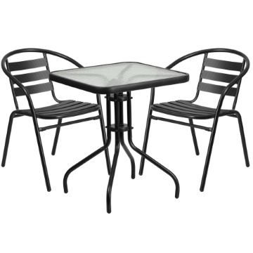 Lila 23.5'' Square Glass Metal Table with 2 Black Metal Aluminum Slat Stack Chairs TLH-0731SQ-017CBK2-GG Lila 23.5'' Square Glass Metal Table with 2 Black Metal Aluminum Slat Stack Chairs TLH-0731SQ-017CBK2-GG