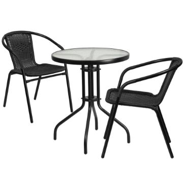 Lila 23.75'' Round Glass Metal Table with 2 Black Rattan Stack Chairs TLH-071RD-037BK2-GG Lila 23.75'' Round Glass Metal Table with 2 Black Rattan Stack Chairs TLH-071RD-037BK2-GG