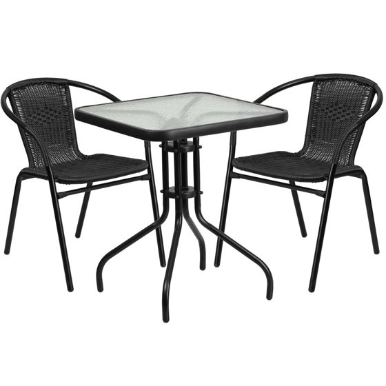 Lila 23.5'' Square Glass Metal Table with 2 Black Rattan Stack Chairs TLH-0731SQ-037BK2-GG