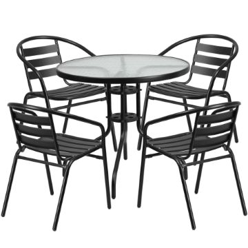 Lila 31.5'' Round Glass Metal Table with 4 Black Metal Aluminum Slat Stack Chairs TLH-072RD-017CBK4-GG Lila 31.5'' Round Glass Metal Table with 4 Black Metal Aluminum Slat Stack Chairs TLH-072RD-017CBK4-GG