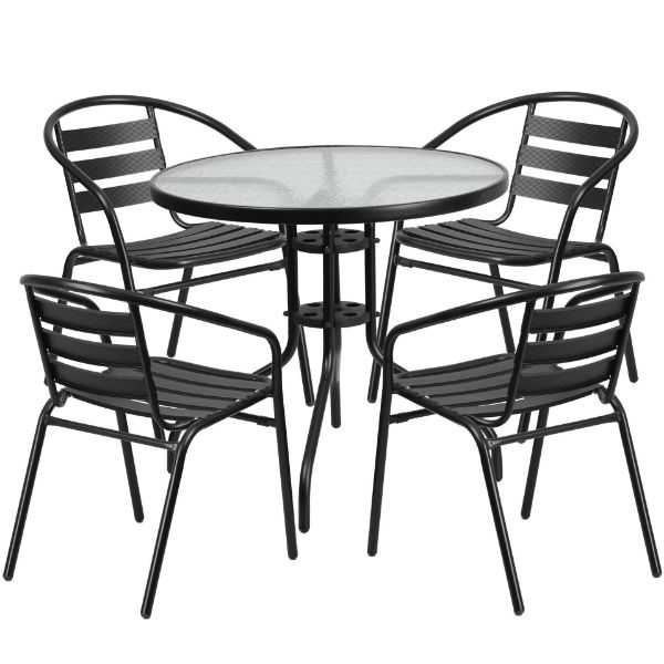 Lila 31.5'' Round Glass Metal Table with 4 Black Metal Aluminum Slat Stack Chairs TLH-072RD-017CBK4-GG