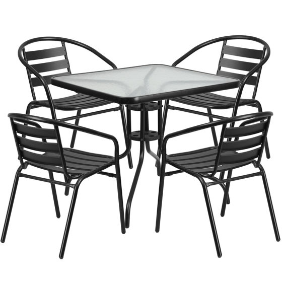 Lila 31.5'' Square Glass Metal Table with 4 Black Metal Aluminum Slat Stack Chairs TLH-0732SQ-017CBK4-GG