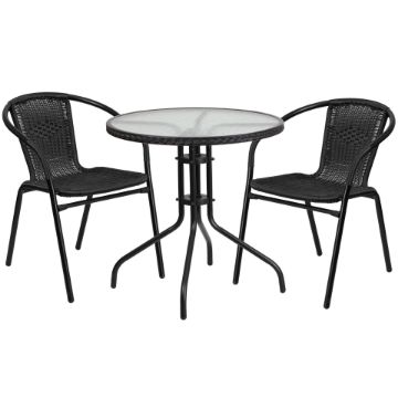 Lila 28'' Round Glass Metal Table with Black Rattan Edging and 2 Black Rattan Stack Chairs TLH-087RD-037BK2-GG Lila 28'' Round Glass Metal Table with Black Rattan Edging and 2 Black Rattan Stack Chairs TLH-087RD-037BK2-GG