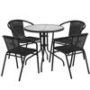 Lila 28'' Round Glass Metal Table with Black Rattan Edging and 4 Black Rattan Stack Chairs TLH-087RD-037BK4-GG