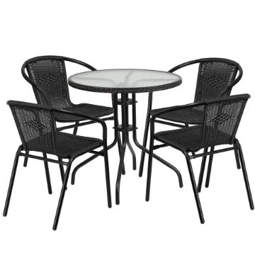 Lila 28'' Round Glass Metal Table with Black Rattan Edging and 4 Black Rattan Stack Chairs TLH-087RD-037BK4-GG Lila 28'' Round Glass Metal Table with Black Rattan Edging and 4 Black Rattan Stack Chairs TLH-087RD-037BK4-GG