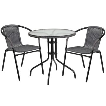 Lila 28'' Round Glass Metal Table with Gray Rattan Edging and 2 Gray Rattan Stack Chairs TLH-087RD-037GY2-GG Lila 28'' Round Glass Metal Table with Gray Rattan Edging and 2 Gray Rattan Stack Chairs TLH-087RD-037GY2-GG