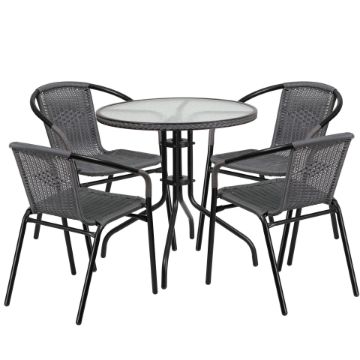 Lila 28'' Round Glass Metal Table with Gray Rattan Edging and 4 Gray Rattan Stack Chairs TLH-087RD-037GY4-GG Lila 28'' Round Glass Metal Table with Gray Rattan Edging and 4 Gray Rattan Stack Chairs TLH-087RD-037GY4-GG