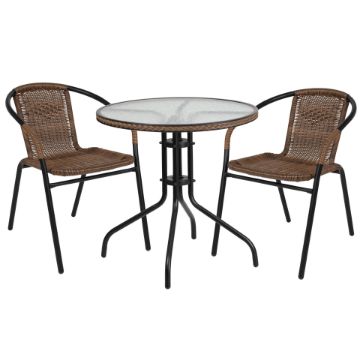 Lila 28'' Round Glass Metal Table with Dark Brown Rattan Edging and 2 Dark Brown Rattan Stack Chairs TLH-087RD-037BN2-GG Lila 28'' Round Glass Metal Table with Dark Brown Rattan Edging and 2 Dark Brown Rattan Stack Chairs TLH-087RD-037BN2-GG