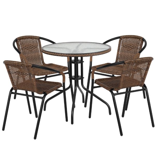 Lila 28'' Round Glass Metal Table with Dark Brown Rattan Edging and 4 Dark Brown Rattan Stack Chairs TLH-087RD-037BN4-GG
