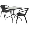 Lila 28'' Square Glass Metal Table with Black Rattan Edging and 2 Black Rattan Stack Chairs TLH-073SQ-037BK2-GG