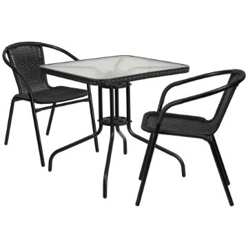 Lila 28'' Square Glass Metal Table with Black Rattan Edging and 2 Black Rattan Stack Chairs TLH-073SQ-037BK2-GG Lila 28'' Square Glass Metal Table with Black Rattan Edging and 2 Black Rattan Stack Chairs TLH-073SQ-037BK2-GG