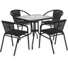 Lila 28'' Square Glass Metal Table with Black Rattan Edging and 4 Black Rattan Stack Chairs TLH-073SQ-037BK4-GG