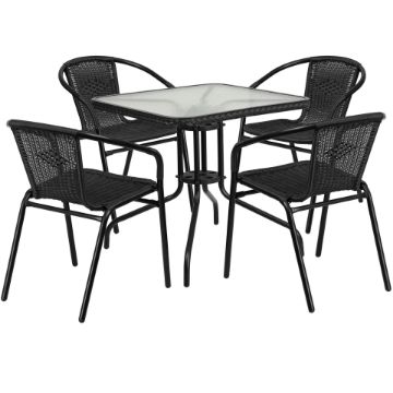 Lila 28'' Square Glass Metal Table with Black Rattan Edging and 4 Black Rattan Stack Chairs TLH-073SQ-037BK4-GG Lila 28'' Square Glass Metal Table with Black Rattan Edging and 4 Black Rattan Stack Chairs TLH-073SQ-037BK4-GG