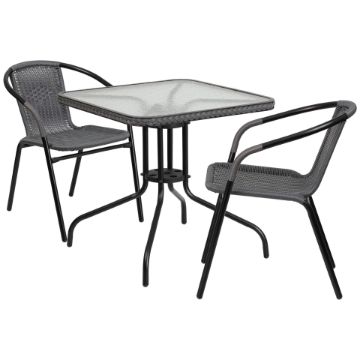 Lila 28'' Square Glass Metal Table with Gray Rattan Edging and 2 Gray Rattan Stack Chairs TLH-073SQ-037GY2-GG Lila 28'' Square Glass Metal Table with Gray Rattan Edging and 2 Gray Rattan Stack Chairs TLH-073SQ-037GY2-GG