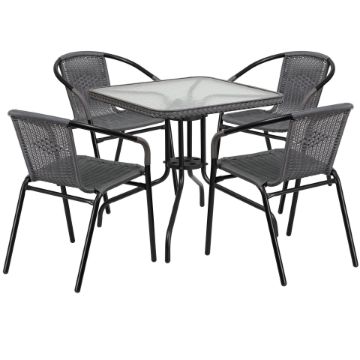 Lila 28'' Square Glass Metal Table with Gray Rattan Edging and 4 Gray Rattan Stack Chairs TLH-073SQ-037GY4-GG Lila 28'' Square Glass Metal Table with Gray Rattan Edging and 4 Gray Rattan Stack Chairs TLH-073SQ-037GY4-GG