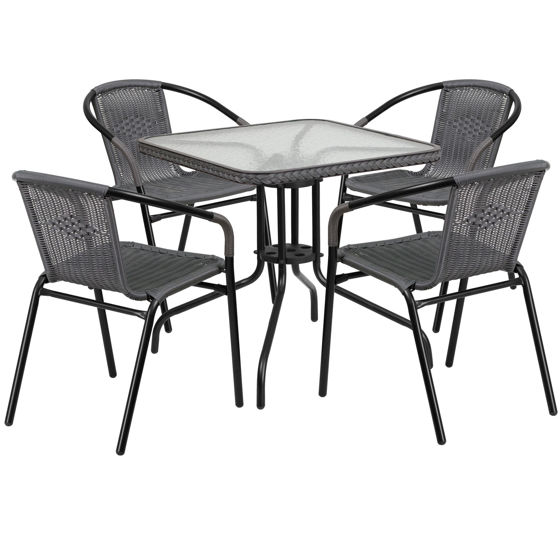 Lila 28'' Square Glass Metal Table with Gray Rattan Edging and 4 Gray Rattan Stack Chairs TLH-073SQ-037GY4-GG