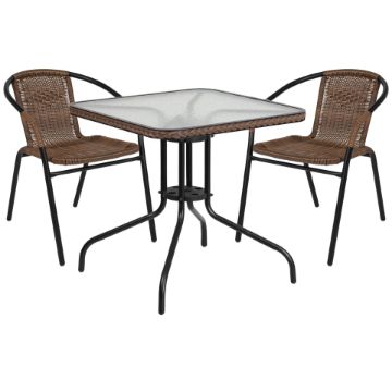 Lila 28'' Square Glass Metal Table with Dark Brown Rattan Edging and 2 Dark Brown Rattan Stack Chairs TLH-073SQ-037BN2-GG Lila 28'' Square Glass Metal Table with Dark Brown Rattan Edging and 2 Dark Brown Rattan Stack Chairs TLH-073SQ-037BN2-GG