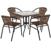 Lila 28'' Square Glass Metal Table with Dark Brown Rattan Edging and 4 Dark Brown Rattan Stack Chairs TLH-073SQ-037BN4-GG