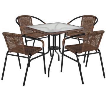 Lila 28'' Square Glass Metal Table with Dark Brown Rattan Edging and 4 Dark Brown Rattan Stack Chairs TLH-073SQ-037BN4-GG Lila 28'' Square Glass Metal Table with Dark Brown Rattan Edging and 4 Dark Brown Rattan Stack Chairs TLH-073SQ-037BN4-GG