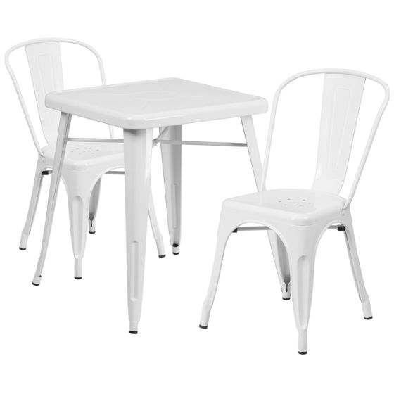 Commercial Grade 23.75" Square White Metal Indoor-Outdoor Table Set with 2 Stack Chairs CH-31330-2-30-WH-GG