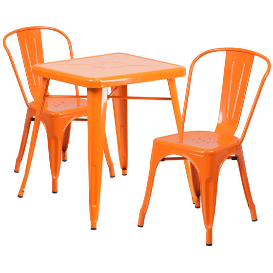 Commercial Grade 23.75" Square Orange Metal Indoor-Outdoor Table Set with 2 Stack Chairs CH-31330-2-30-OR-GG