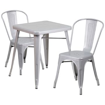 Commercial Grade 23.75" Square Silver Metal Indoor-Outdoor Table Set with 2 Stack Chairs CH-31330-2-30-SIL-GG Commercial Grade 23.75" Square Silver Metal Indoor-Outdoor Table Set with 2 Stack Chairs CH-31330-2-30-SIL-GG