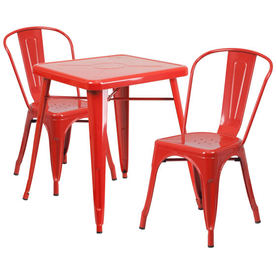 Commercial Grade 23.75" Square Red Metal Indoor-Outdoor Table Set with 2 Stack Chairs CH-31330-2-30-RED-GG