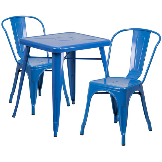 Commercial Grade 23.75" Square Blue Metal Indoor-Outdoor Table Set with 2 Stack Chairs CH-31330-2-30-BL-GG