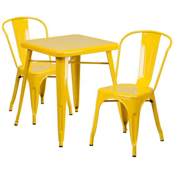 Commercial Grade 23.75" Square Yellow Metal Indoor-Outdoor Table Set with 2 Stack Chairs CH-31330-2-30-YL-GG