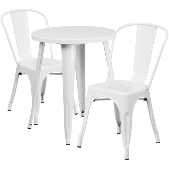 Commercial Grade 24" Round White Metal Indoor-Outdoor Table Set with 2 Cafe Chairs CH-51080TH-2-18CAFE-WH-GG