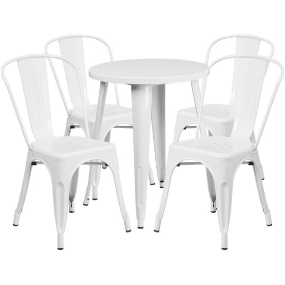 Commercial Grade 24" Round White Metal Indoor-Outdoor Table Set with 4 Cafe Chairs CH-51080TH-4-18CAFE-WH-GG